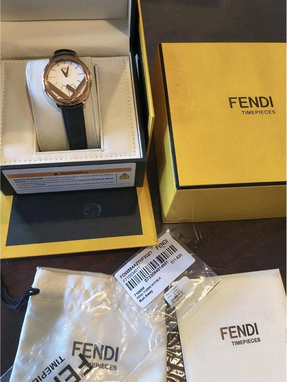 New Fendi Run Away Rose Gold Black Calf Leather Fashion Watch 36 MM